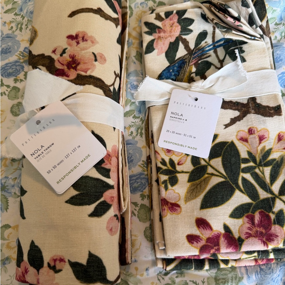 Pottery Barn Cream Table Runner and Napkins with Pink Blossoms & Green Leaves